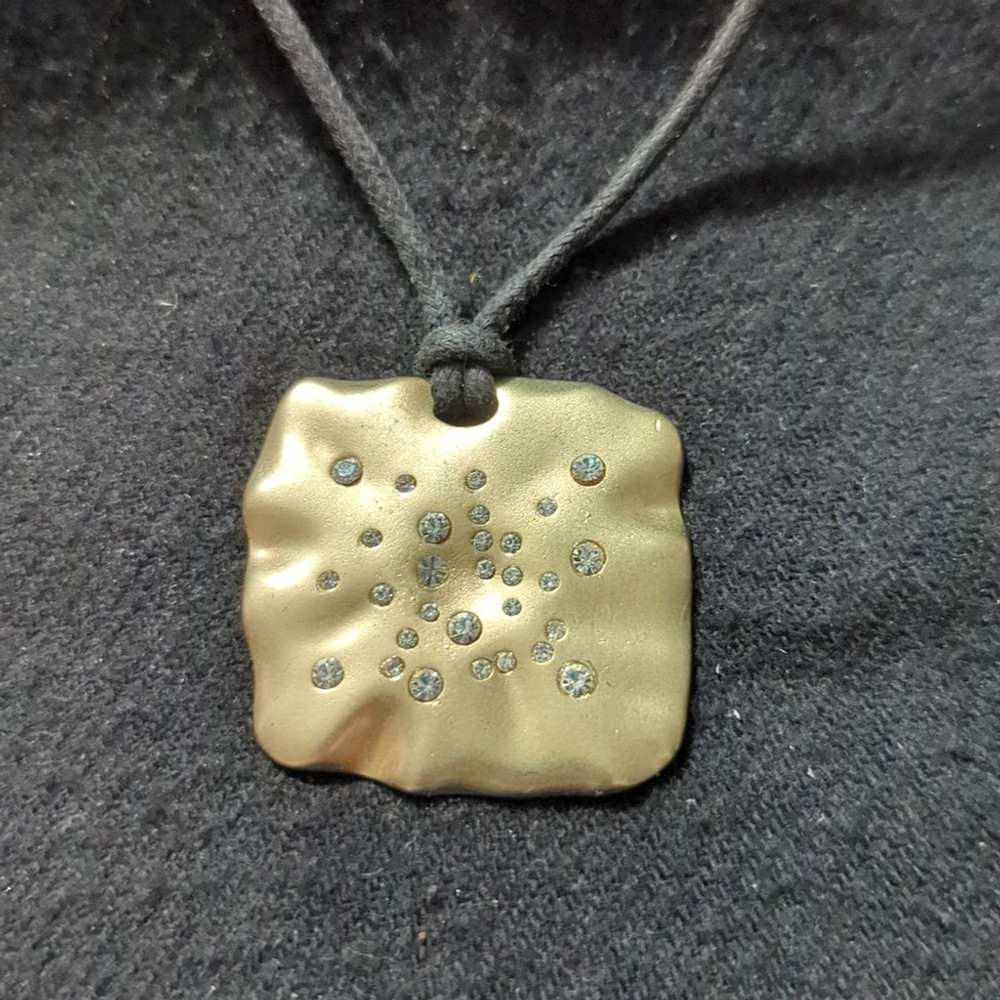 Gold Tone Clear Rhinestone Square Wavy Disc Pendant Statement Necklace
